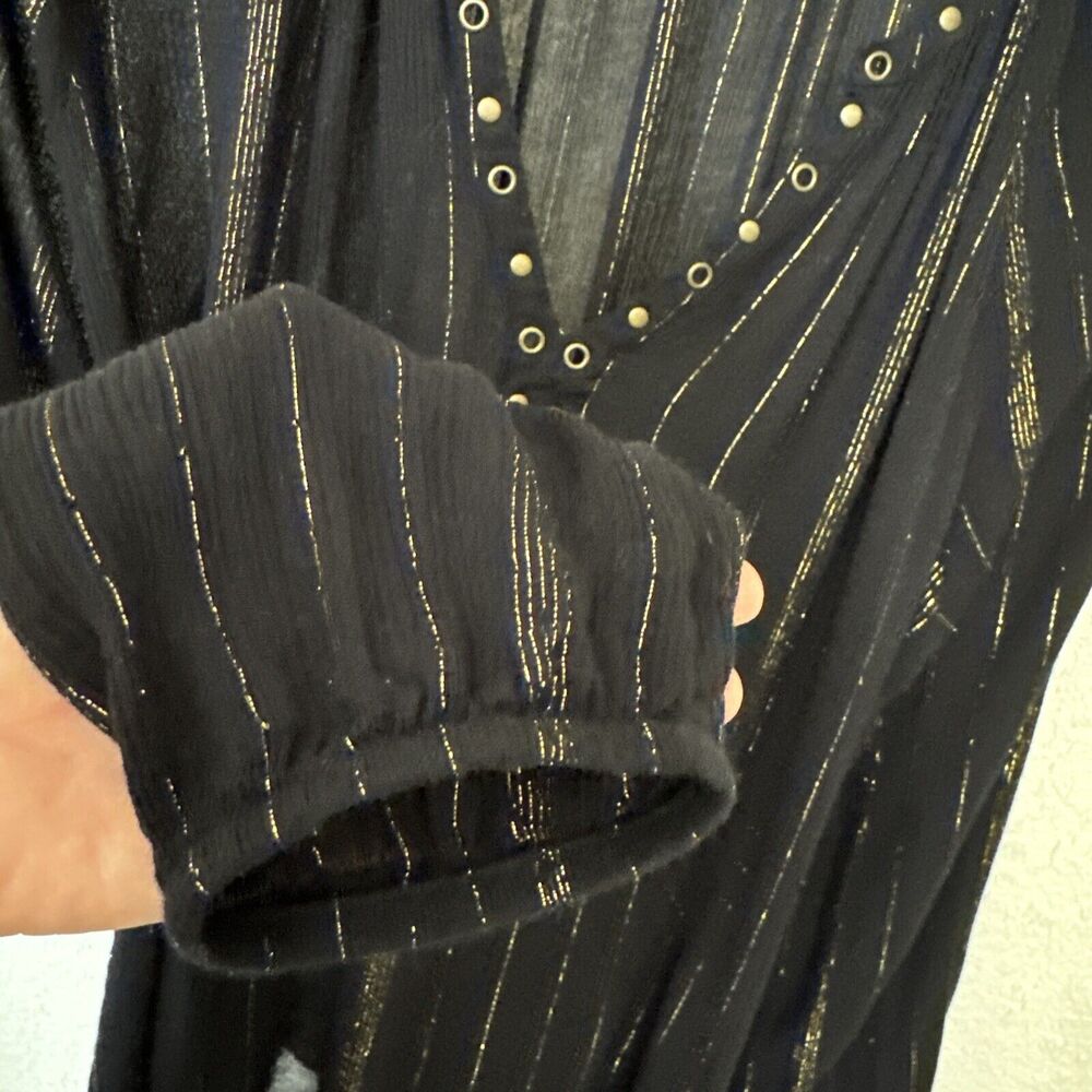 Metallic Striped Top Night Blouse Black Gold Long Sleeve V-neck Women’s Size L - Picture 10 of 14